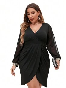 Plus Split Sleeve Wrap Hem Dress - Black - View 1
