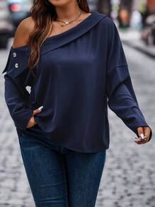 Celure 加纽扣细节不对称领口落肩衬衫女式单肩上衣衬衫 - 藏蓝色 - 查看 5