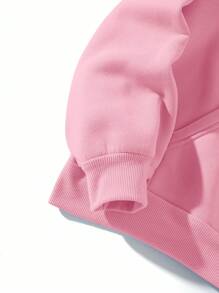 SHEIN EZwear 素色袋鼠口袋抽繩加絨內裏連帽衫 - 粉色 - 查看 3