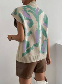 SHEIN LUNE Graphic Pattern Batwing Sleeve Sweater Vest - Apricot - View 2