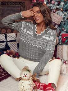 SHEIN LUNE 聖誕圖案扇貝邊毛衣 - 灰色 - 查看 5