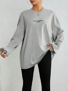 SHEIN EZwear 字母刺繡落肩T恤 - 淺灰色 - 查看 5