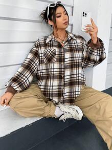 Flirla Plus Áo khoác trễ vai in họa tiết kẻ sọc - màu nâu - Xem 7