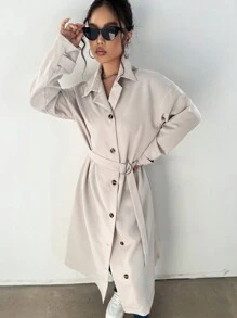 SHEIN Unity Drop Shoulder Belted Longline Trench Coat - Beige - View 6
