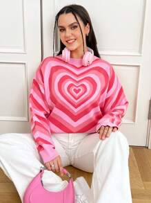 SHEIN Qutie 大碼愛心圖案落肩袖套頭毛衣 - 粉色 - 查看 6