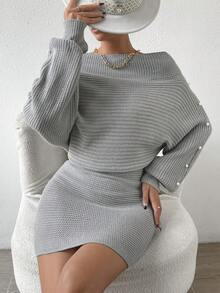 SHEIN LUNE Pearls Beaded Batwing Sleeve Ribbed Knit Sweater Dress - Grey - View 5