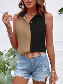 SHEIN LUNE 兩色正面鈕扣無袖襯衫 - 彩色 - 查看 5