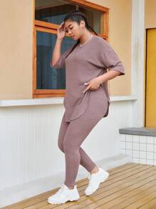 SHEIN Essnce Plus Solid Drop Shoulder Waffle Knit Top & Leggings - Dusty Pink - View 5