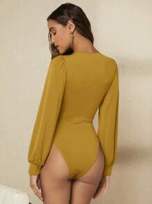 BizChic Plunging Neck Lantern Sleeve Ruched Bodysuit - Yellow - View 2