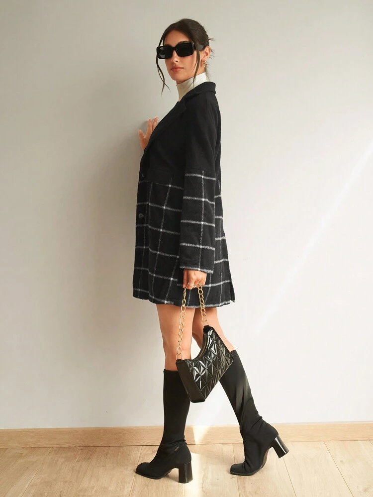 Plaid Lapel Neck Open Front Overcoat