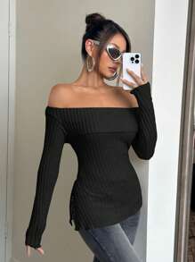 SHEIN ICON Off Shoulder Foldover Front Tee - Black - View 4