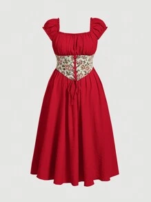 SHEIN MOD Plus Floral Jacquard Lace Up Front Ruched Bust Dress - Red - View 1