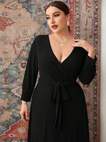 Modelyn Plus Overlap Collar Bishop Sleeve Belted Dress - Black - View 3