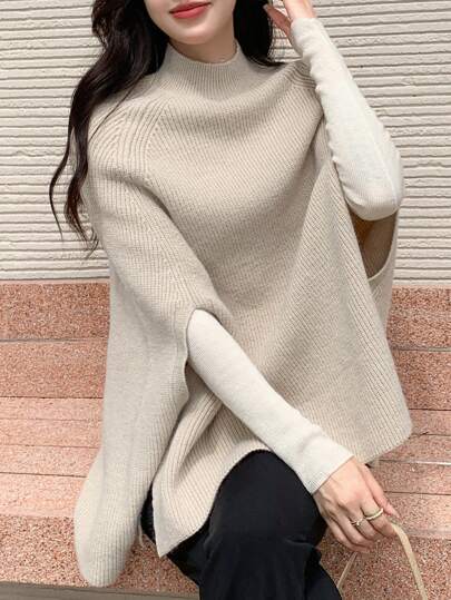 DAZY 女性用無地スタンドカラーケープセーター、秋冬カジュアルビジネススタイル、長袖トップス、秋冬レディースウェア ニットトップス