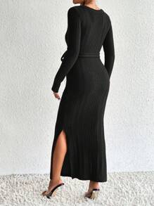 SHEIN 孕婦高衩繫腰帶洋裝 - 黑色 - 查看 2