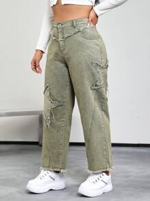 SHEIN EZwear 大碼星星補丁貼毛邊緣直筒牛仔褲 - 藍色 - 查看 5