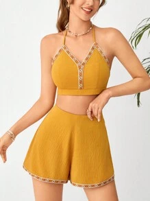 Soleia 撞色飾邊繫帶露背掛脖上衣和短褲 - 黃色 - 查看 1