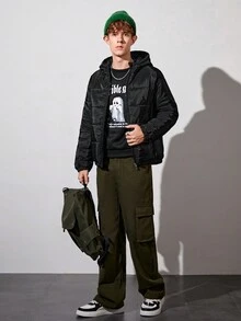 Áo khoác có mũ trùm đầu đệm túi chéo cho bé trai tuổi teen - màu đen - Xem 6