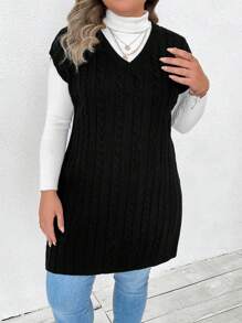 EMERY ROSE 大碼 1 入組絞花針織 V 領毛衣背心 - 黑色 - 查看 6