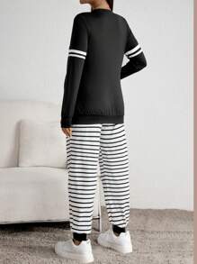 SHEIN Maternity Striped Print Nursing Detail Tee & Sweatpants - Black and White - View 2