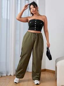 SHEIN EZwear Plus Button Front Tube Denim Top - Black - View 3