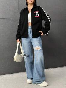 SHEIN EZwear Letter Graphic Contrast Tape Raglan Sleeve Zip Up Sweatshirt - Black - View 3