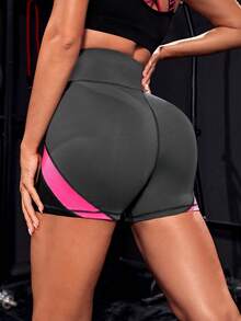 Colorblock Wideband Waist Biker Shorts - Black - View 3