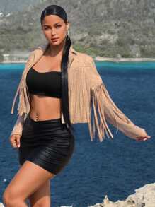 SHEIN SXY 流蘇飾邊開襟短款夾克 - 杏色 - 查看 3