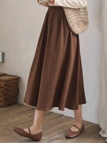 FRIFUL Solid Elastic Waist Flare Skirt
