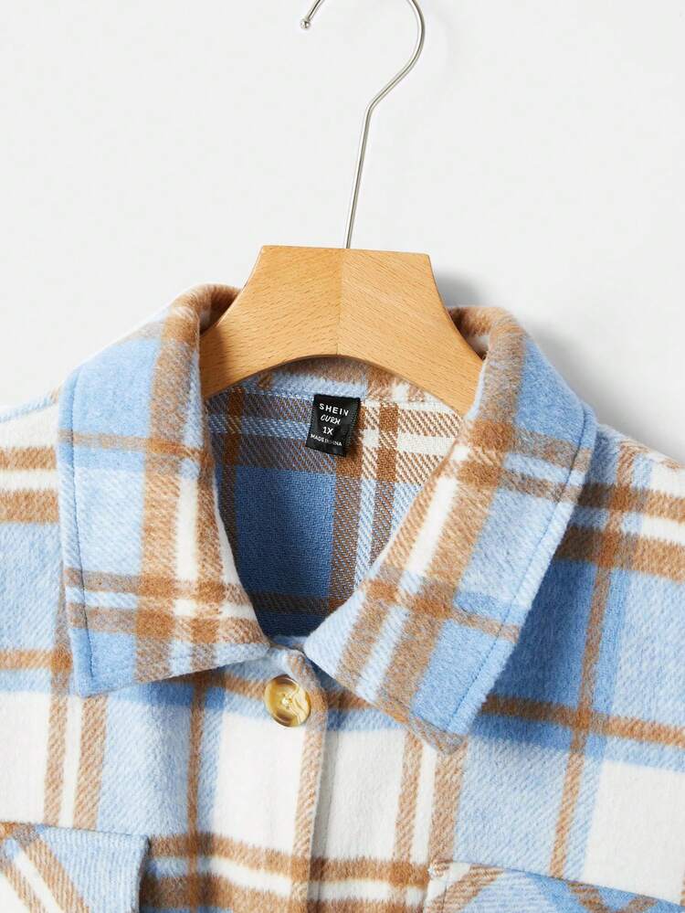 Plus Plaid Print Drop Shoulder Flap Pocket Overcoat