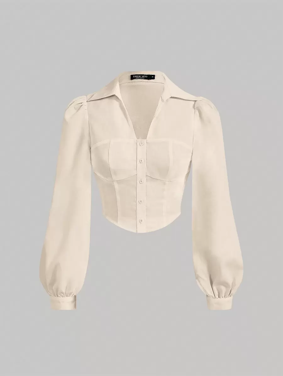 SHEIN MOD Camisa corta con manga farol y botones delanteros lisos, blusas de manga larga