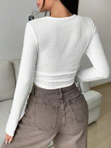 SHEIN EZwear Solid Ribbed Knit Crop Tee - White - View 2