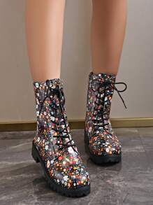 Women's Fashion Vintage Lace-Up Side Zipper Ankle Booties, Casual Comfortable Zipper Outdoor Boots. Women's Fashionable Versatile Lace-Up Mid-Calf Boots, Perfect For Holidays - Multicolor - View 4