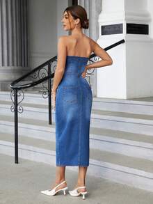 SHEIN Essnce 前鈕扣抹胸牛仔洋裝 - 中等水洗藍 - 查看 2