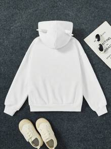 SHEIN Sudadera con bolsillo canguro y diseño de oreja 3D con gráfico de letras para niña preadolescente - Blanco - Ver 2