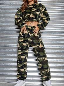 SHEIN EZwear Camo Print Drop Shoulder Teddy Pullover & Pants - Multicolor - View 4