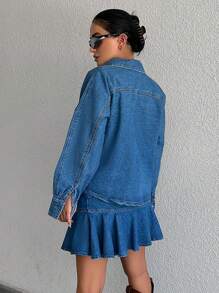 EURMUSE Flap Pocket Denim Jacket & Ruffle Hem Skirt - Medium Wash - View 4