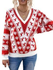 Christmas Pattern Drop Shoulder Sweater - Red - View 5