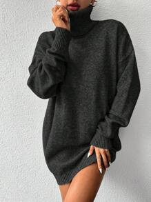 EURMUSE 高領落肩袖毛衣洋裝不附腰帶 - 黑色 - 查看 4