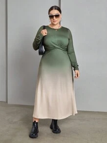 SHEIN Essnce 大碼漸變圖案前扭結A字洋裝 - 綠色 - 查看 4