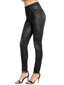 Denim Effect Leggings - Black - View 5