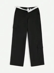 SHEIN EZwear Contrast Foldover Waist Flap Pocket Side Cargo Pants