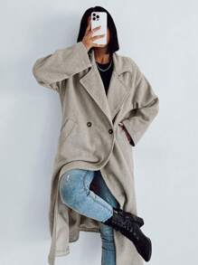 EURMUSE Lapel Neck Drop Shoulder Double Breasted Overcoat - Camel - View 5