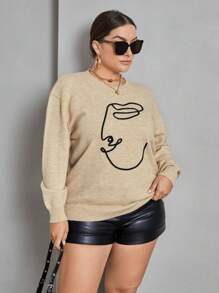 SHEIN Essnce Plus Figure Pattern Drop Shoulder Sweater Fall/Winter - Apricot - View 5