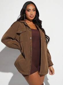 SHEIN SXY Abrigo con bolsillo con solapa de hombros caídos bajo curvo - Marrón - Ver 5