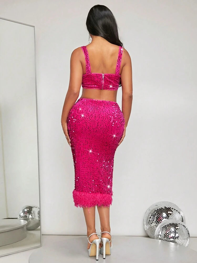Solid Sequin Crop Tank Top & Fuzzy Trim Skirt