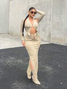 SHEIN SXY 環鏈繞頸不對稱下擺短款上衣帶前胸敞開短上衣 - 卡其色 - 查看 4