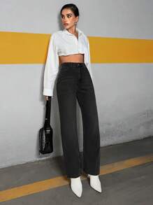 RueChic 100%Cotton Casual Solid High Waist Straight Leg Jeans - Black - View 4