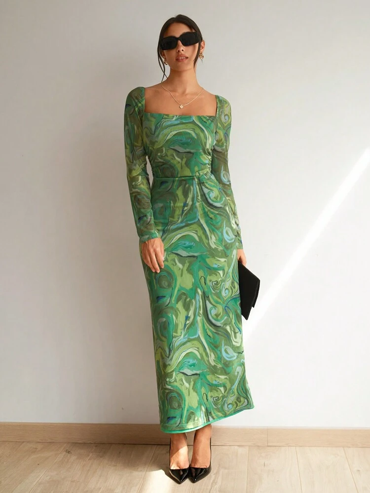 Marble Print Contrast Mesh Square Neck Dress