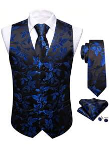 Men Floral Print Waistcoat With Tie - Blue - View 1